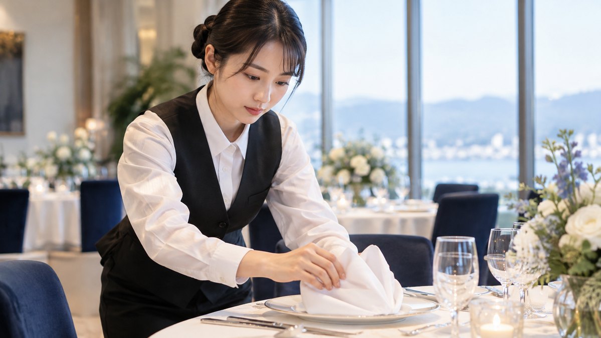 婚礼会場のテーブルを整える人物(生成イメージ)