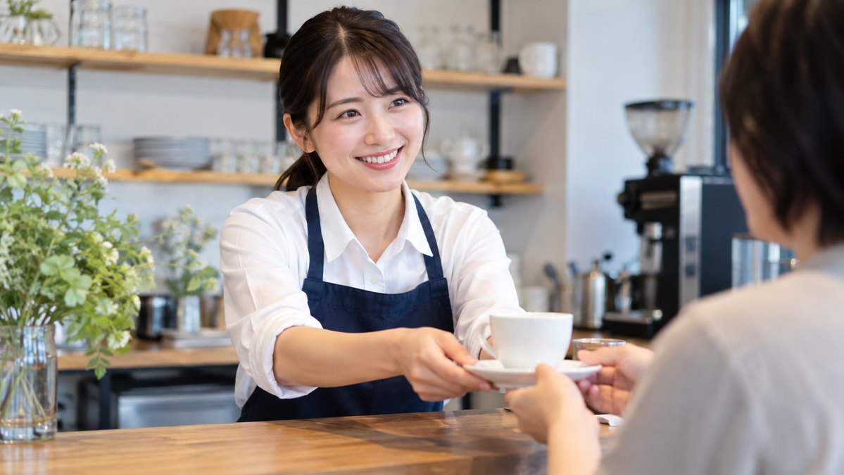 カフェでカップを手渡す人物（生成イメージ）
