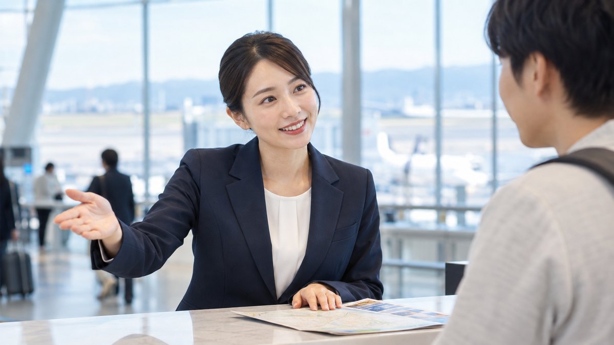 空港カウンターで案内する人物（生成イメージ）