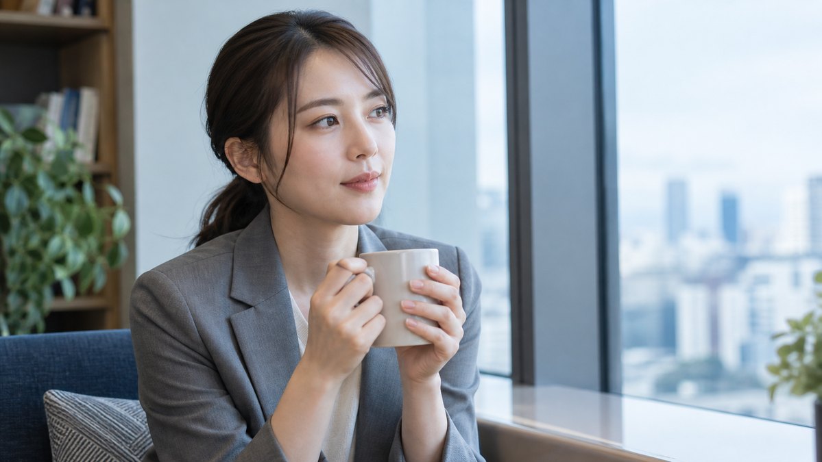 休憩スペースで気持ちを整理する人物（生成イメージ）