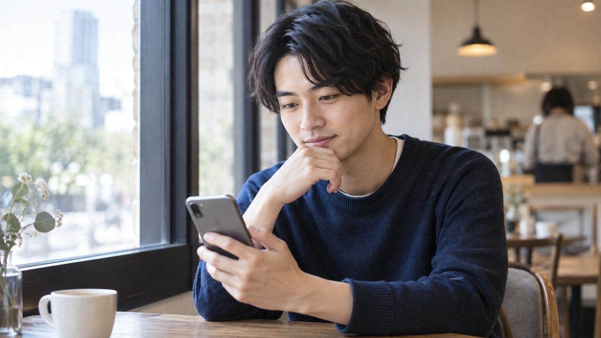 スマートフォンで就職準備を振り返る人物（生成イメージ）