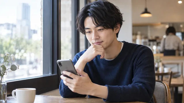 スマートフォンで就職準備を振り返る人物（生成イメージ）