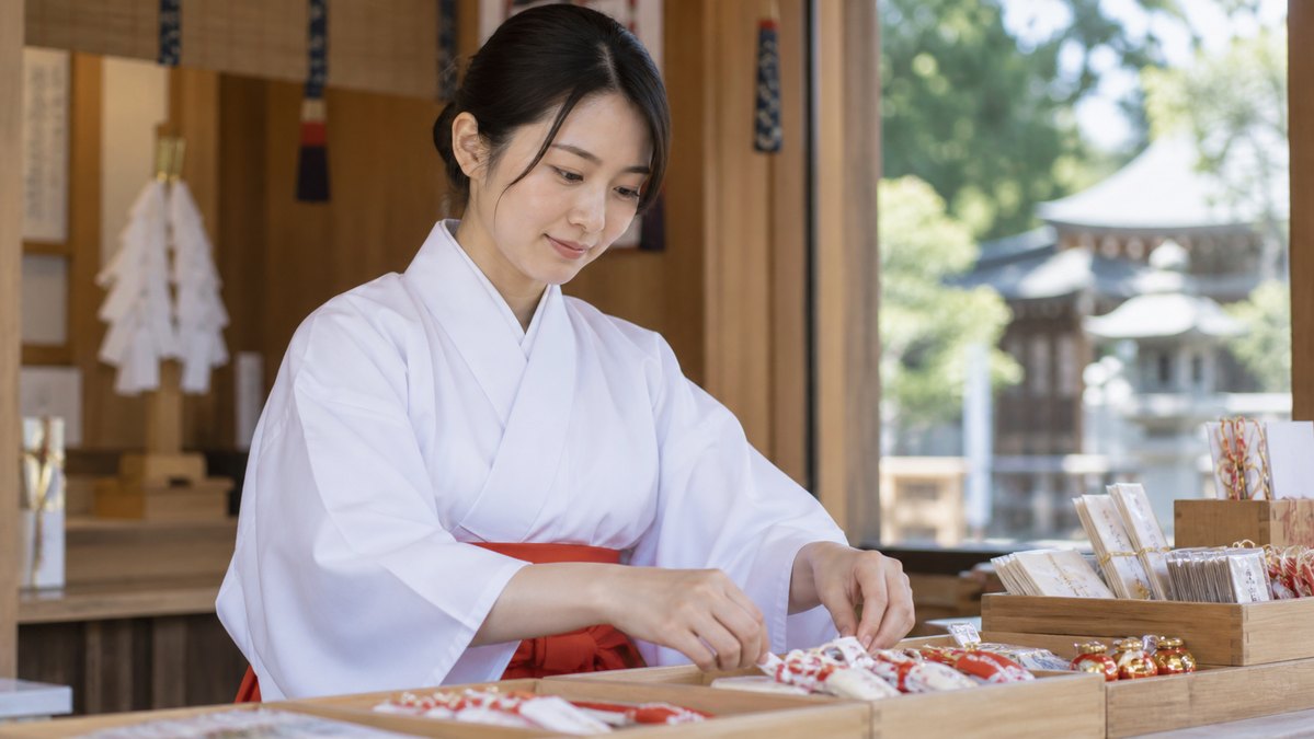 神社の授与所で準備する人物(生成イメージ)