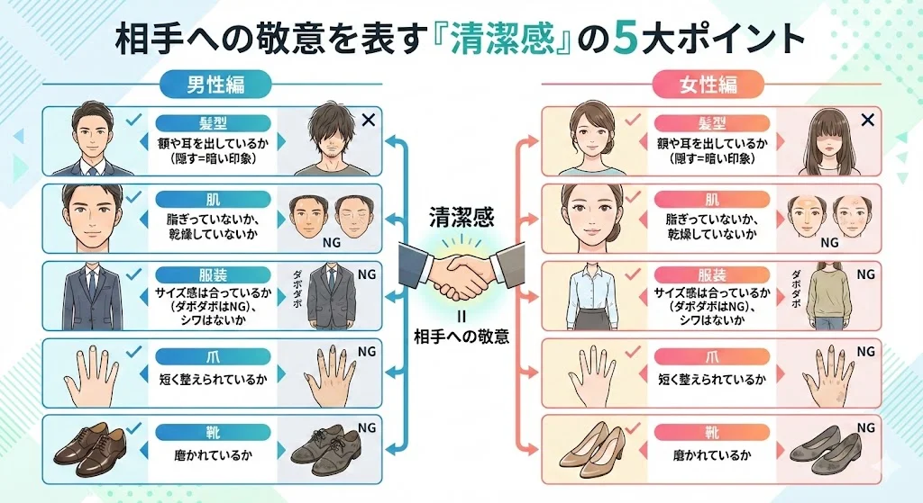 清潔感チェックリスト
男性編・女性編に分け、以下のポイントをイラスト付きで示します。
・髪型：額や耳を出しているか（隠す＝暗い印象）
・肌：脂ぎっていないか、乾燥していないか
・服装：サイズ感は合っているか（ダボダボはNG）、シワはないか
・爪：短く整えられているか
・靴：磨かれているか