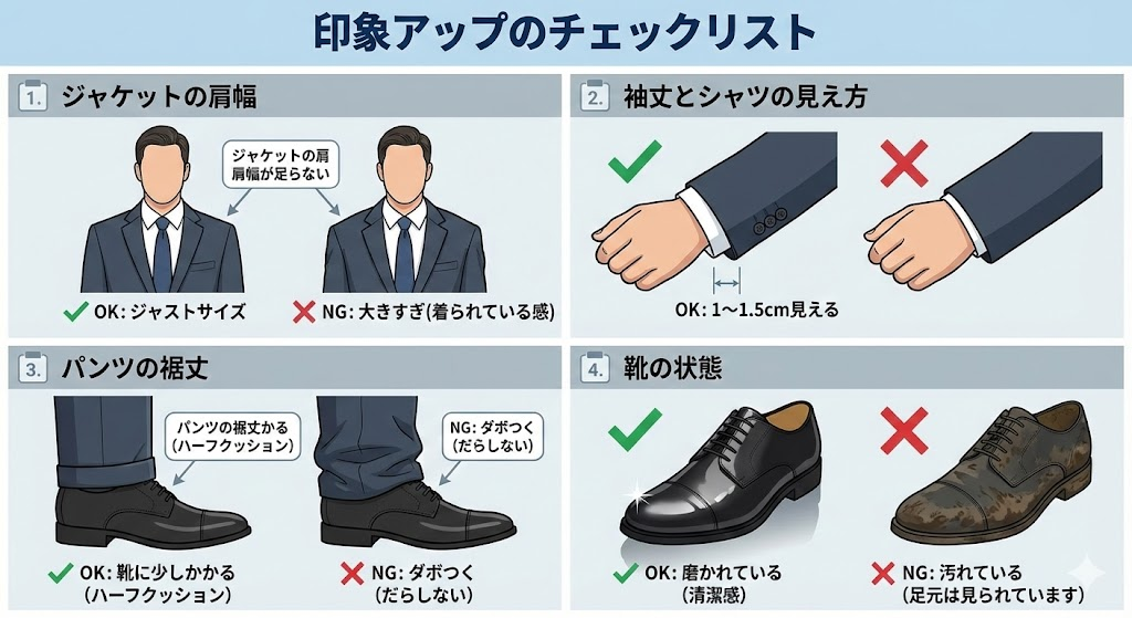 印象アップのチェックリスト
・ジャケットの肩幅は合っているか（大きすぎると「着られている感」が出る）
・袖丈はシャツが1〜1.5cm見える長さか
・パンツの裾は靴に少しかかる程度か（ダボつくとだらしない）
・靴は磨かれているか（足元は意外と見られています）
